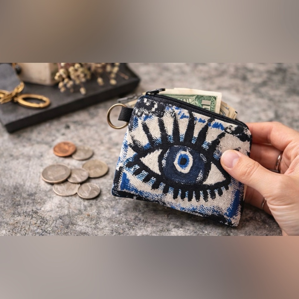 Abstract Evil Eye Coin Pouch Keychain Zip Wallet Boho Graphic NEW - Picture 5 of 6